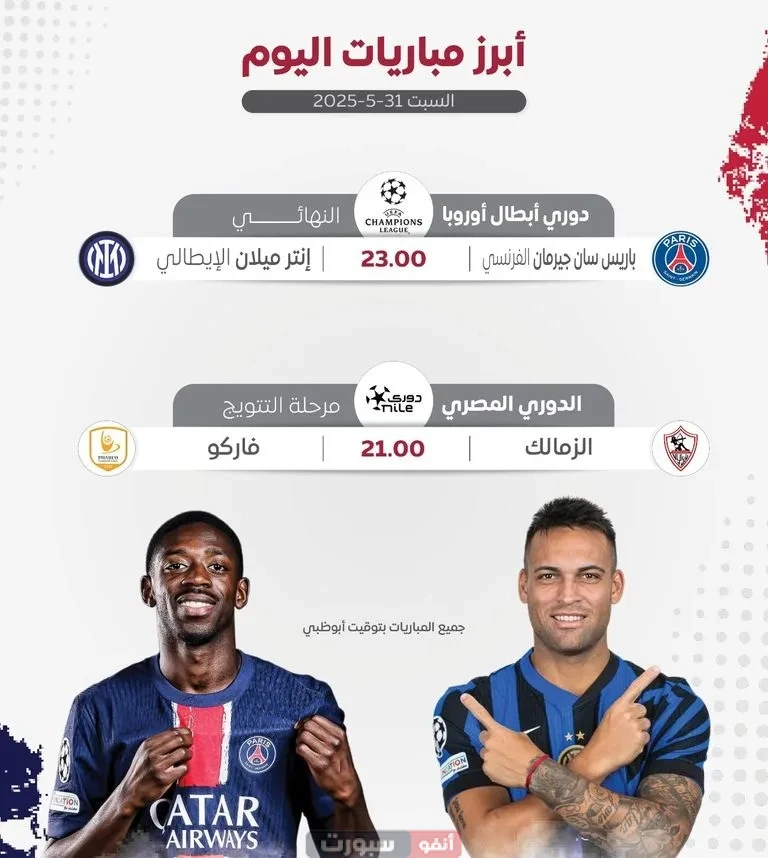 أهم مباريات اليوم السبت 31 مايو 2025: نهائي أبطال أوروبا وختام الدوري المصري أهم مباريات اليوم السبت 31 مايو 2025: نهائي أبطال أوروبا وختام الدوري المصري