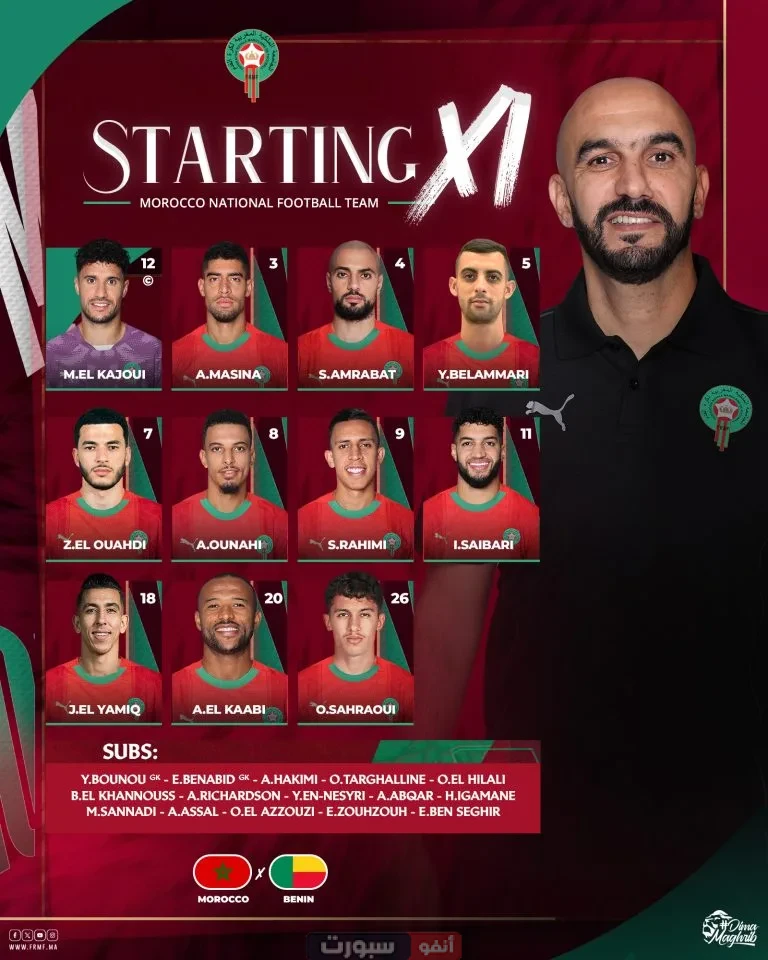 التشكيلة الرسمية للمنتخب المغربي لمواجهة بنين التشكيلة الرسمية للمنتخب المغربي لمواجهة بنين: تغييرات بارزة وفرصة للأسماء الجديدة